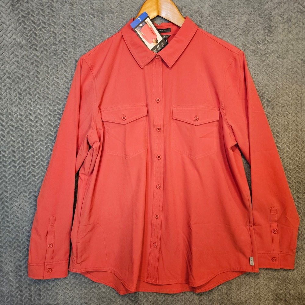 Eddie Bauer Departure Shirt Women Large Coral Red Long Sleeve Stretch Hiking New